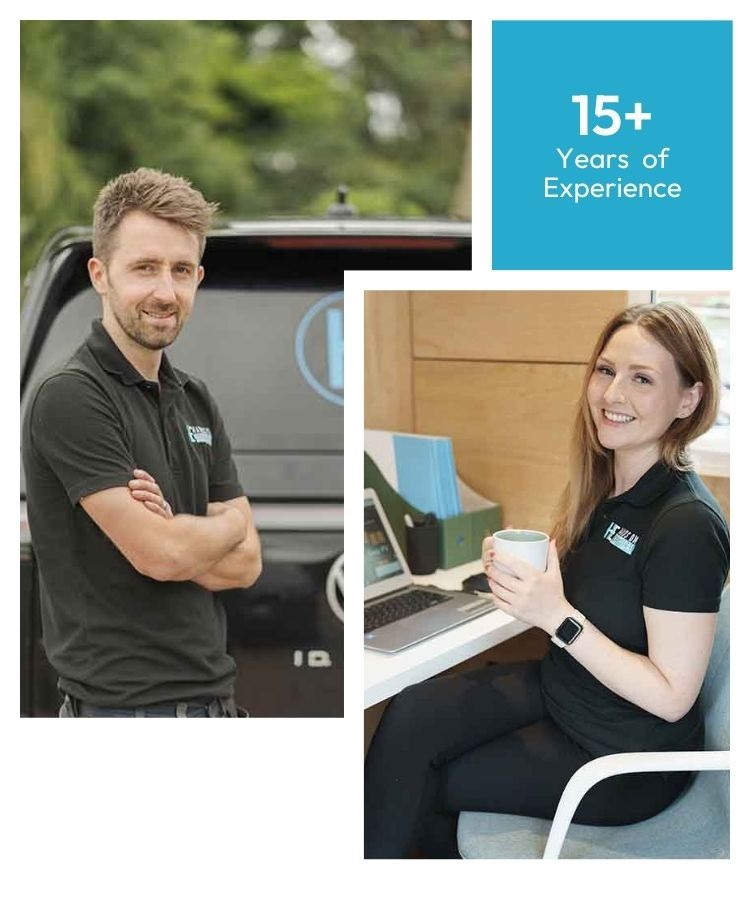 Hands On Electrical team members with over 15 years of experience, shown on-site and in the office delivering trusted electrical services in Gloucestershire.