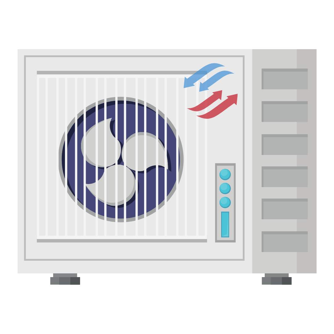 An illustration of a domestic air conditioning condenser with blue and red arrows displayed on the front